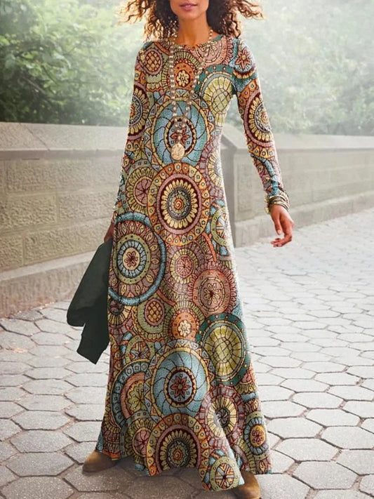 FashionSierra - 2025 Vintage Geometric Print Autumn O Neck Boho Dress