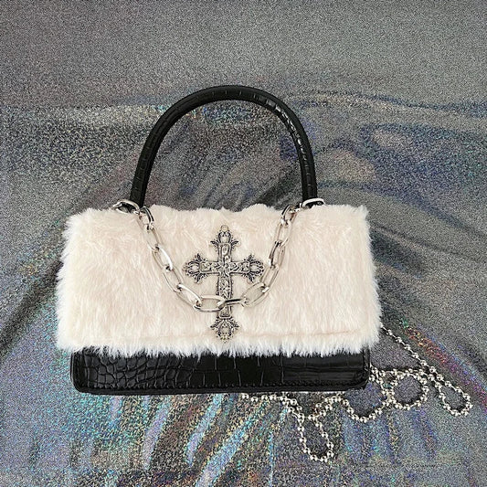 Y2K Gothic Soft Plush Cross Applique Chain Hot Girls Hip Hop Crossbody Bag