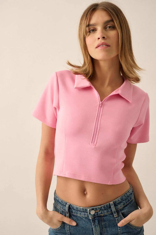 Premium Scuba Cropped Zip-Up Polo Top - ShopPromesa