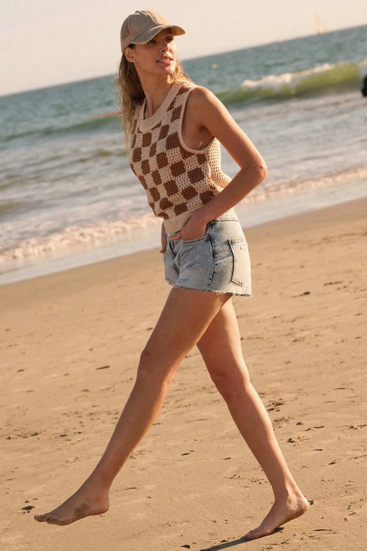 Boxed In Checker Crochet Knit Sweater Tank Top