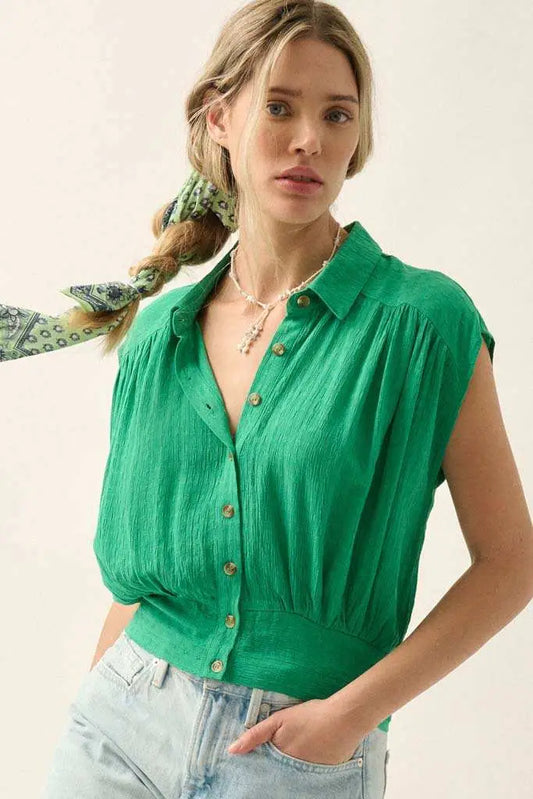 Make My Day Jacquard Sleeveless Button-Up Top