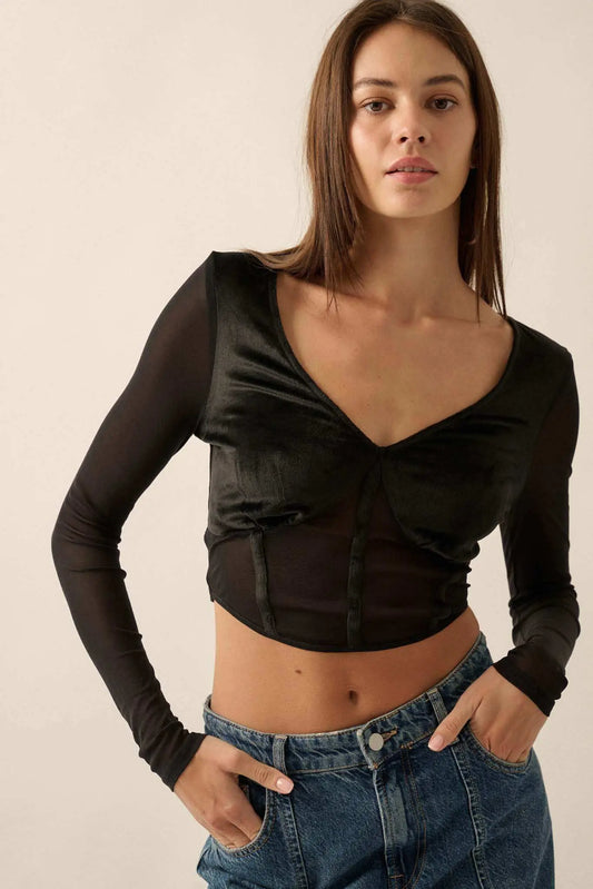 After Dark Velvet and Mesh Cropped Corset Top - ShopPromesa