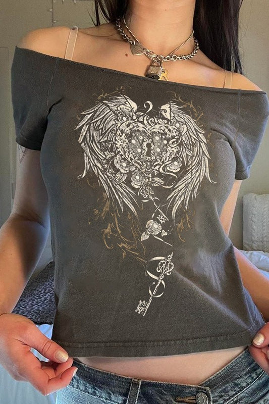 Y2K Wing Graphic Off-Shoulder T-Shirt