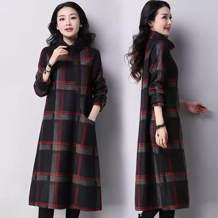 Woolen Dress Large Size Retro Plaid Autumn And Winter - Trendha