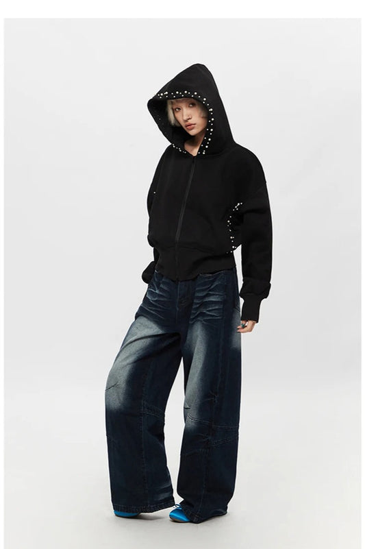 Pearl Zip-Up Loose Hoodie