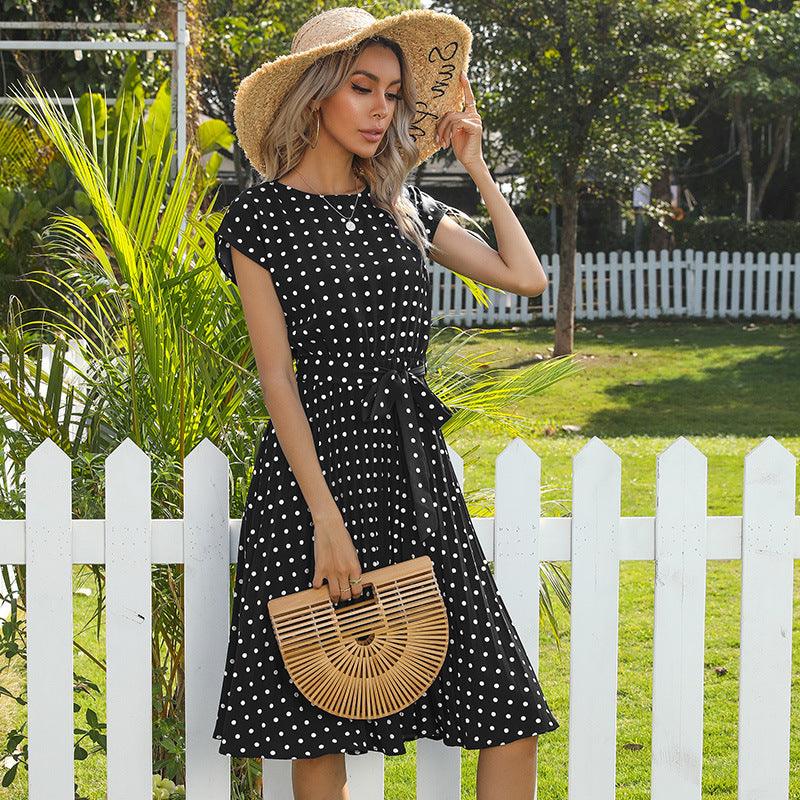Summer Women Polka Dot Short Sleeve Dress Casual Bandage Party Pleated Midi Dresses Elegant Green Office Lady Clothing - Trendha