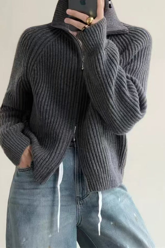 Ribbed High Neck Zip Sweater