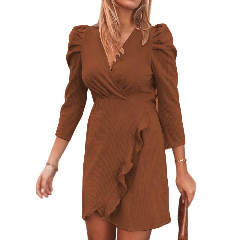 Solid Color V-neck Long-sleeved Ruffled Women's Dress - Trendha