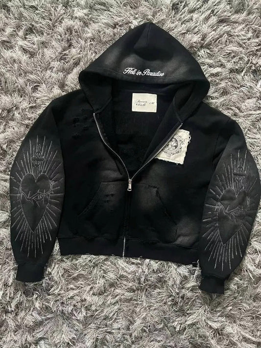Embroidered Patch Zip Up Hoodie