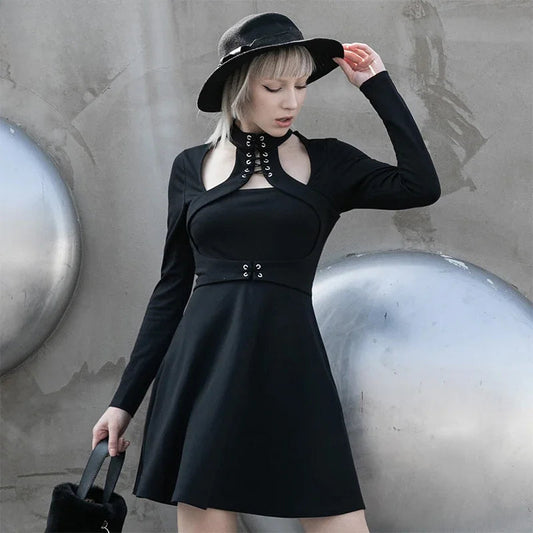 Punk Drawstring Waist Front Chest Opening Dress