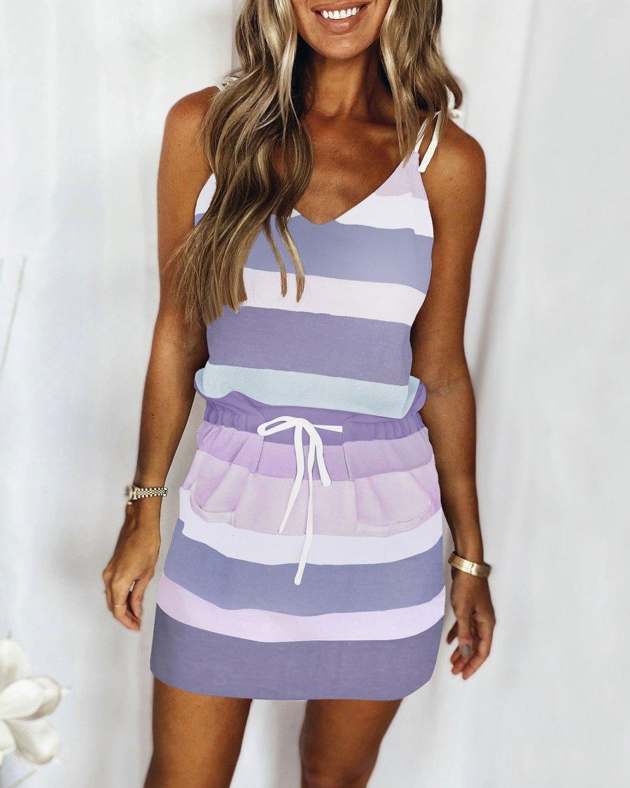 Fashion Stripe Drawstring Dress Summer Dress Loose Sleeveless Dress Women's Comfortable Casual Outfits Wear - Trendha
