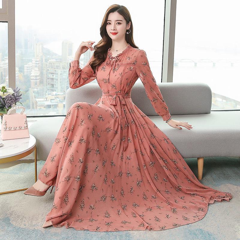 Women's Long-sleeved Waist Slimming Printed Dress - Trendha