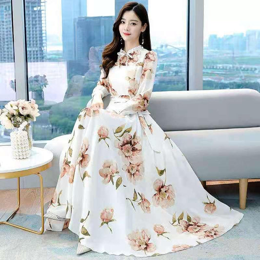 Women's Long-sleeved Waist Slimming Printed Dress - Trendha