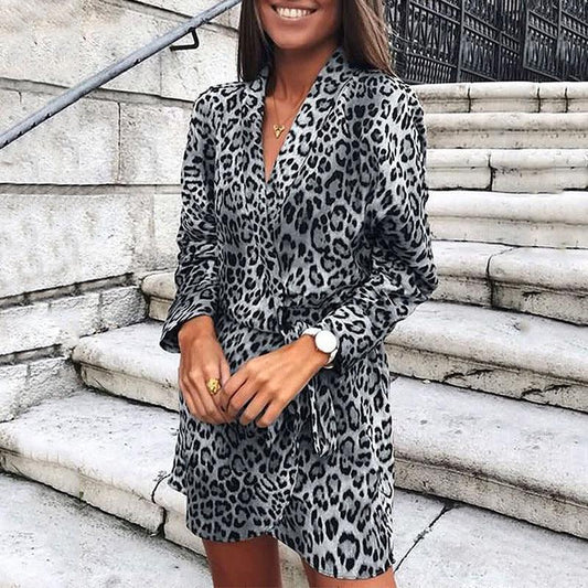 Leopard Print Long Sleeve V-Neck Irregular Dress - Trendha
