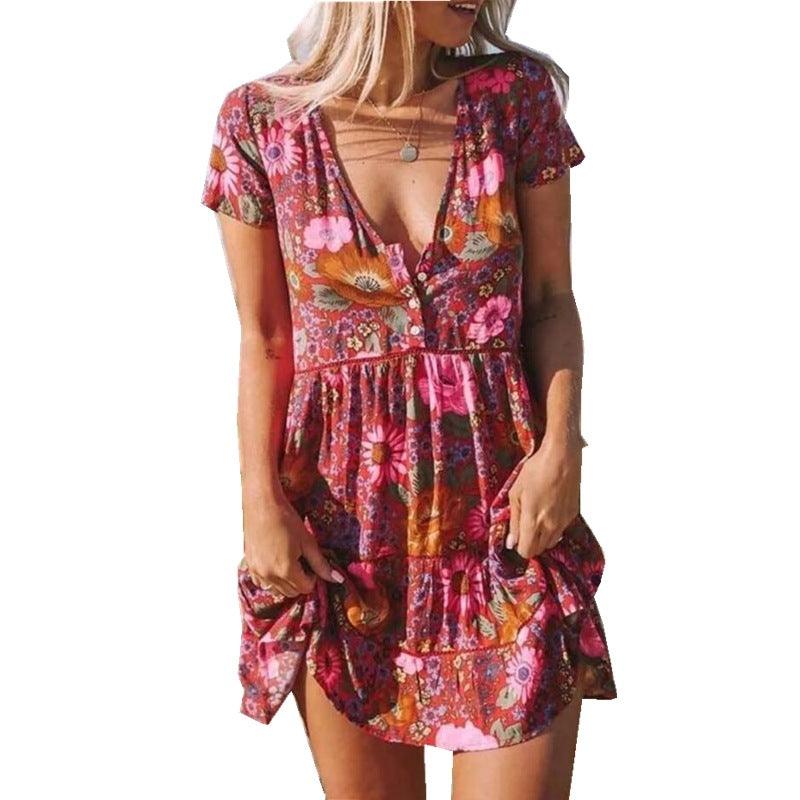 New Women's Printed V-Neck Short-Sleeved Dress - Trendha