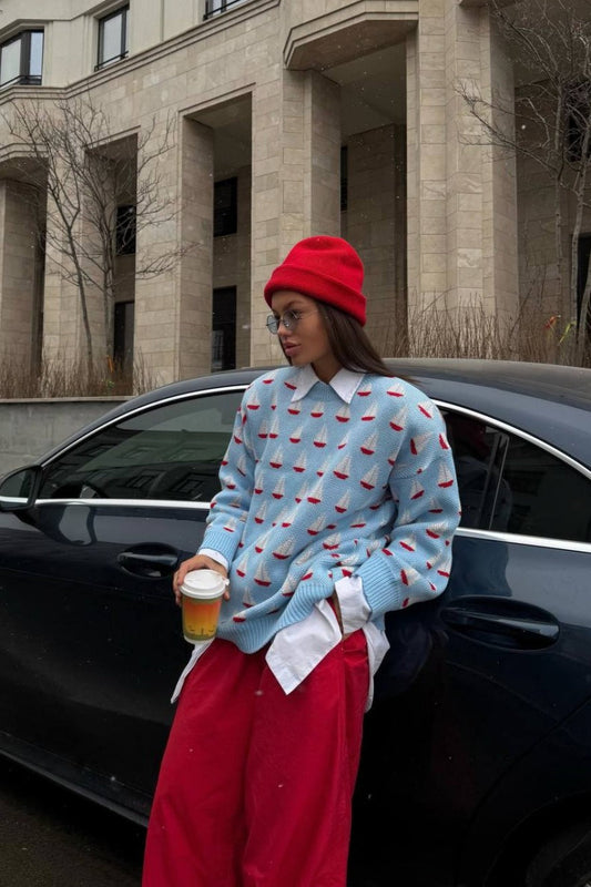 Casual Sailboat Jacquard Pullover Sweater