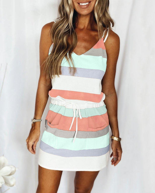 Fashion Stripe Drawstring Dress Summer Dress Loose Sleeveless Dress Women's Comfortable Casual Outfits Wear - Trendha