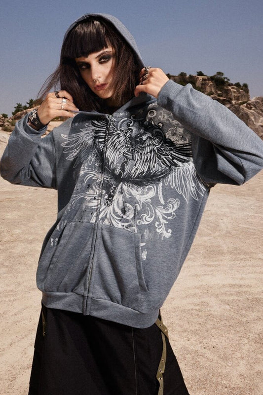 Eagle Print Zip Up Hoodie
