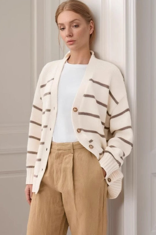 Striped V Neck Cotton Cardigan Sweater