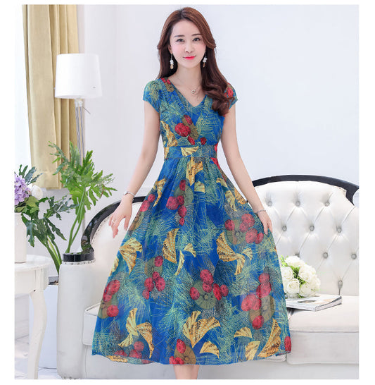 Floor Sweeping Chiffon Printed Dress With Short Sleeves