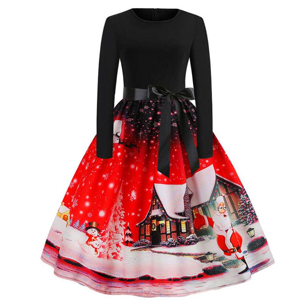 Christmas Retro Print Long-sleeved Big Swing Dress - Trendha