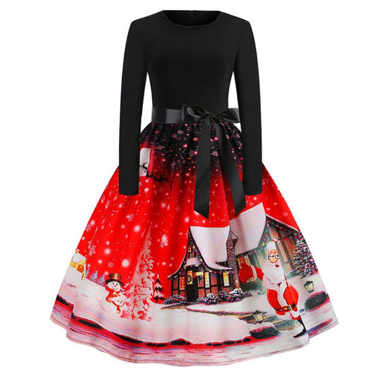 Christmas Retro Print Long-sleeved Big Swing Dress - Trendha