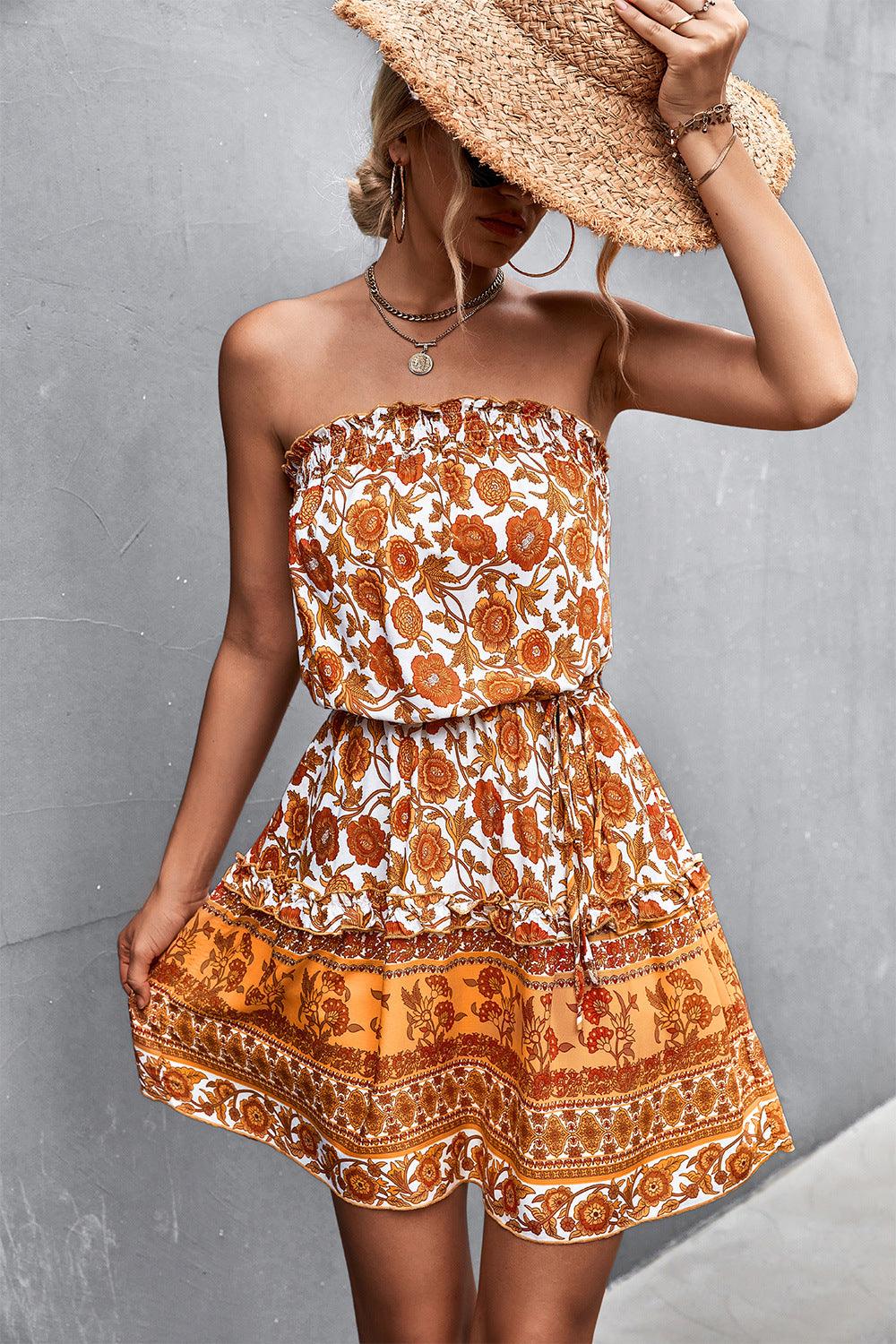 Women's Bohemian Floral Strapless Dress - Trendha