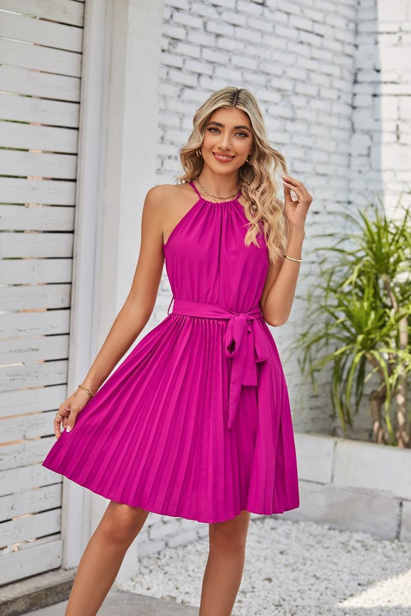 Halter Strapless Dresses For Women Solid Pleated Skirt Summer Beach Sundress - Trendha
