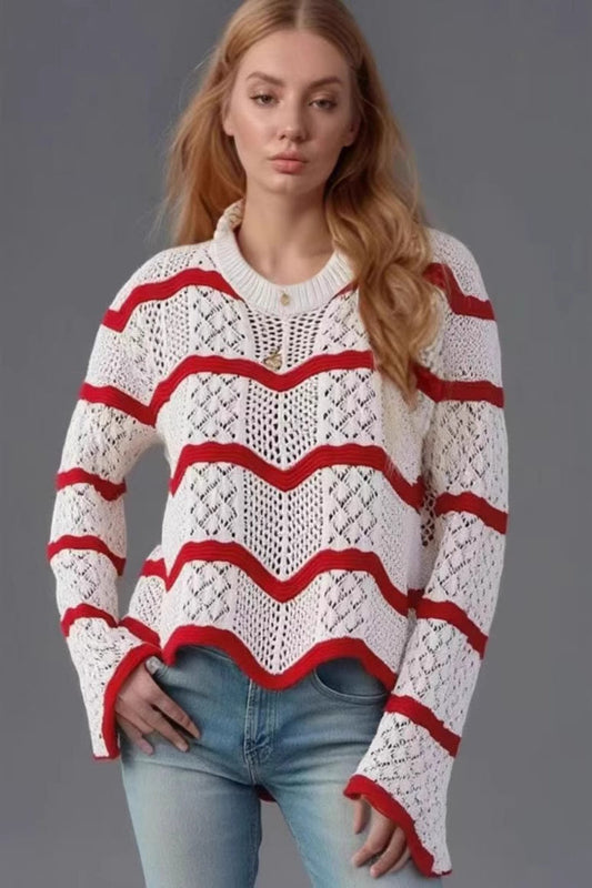 Casual Wavy Knit Bell Sleeve Sweater