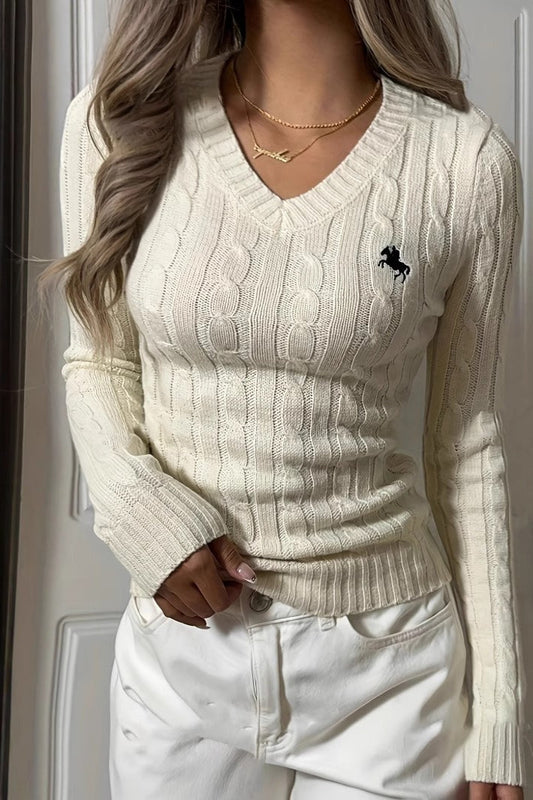 Embroidered Cable Knit V Neck Sweater