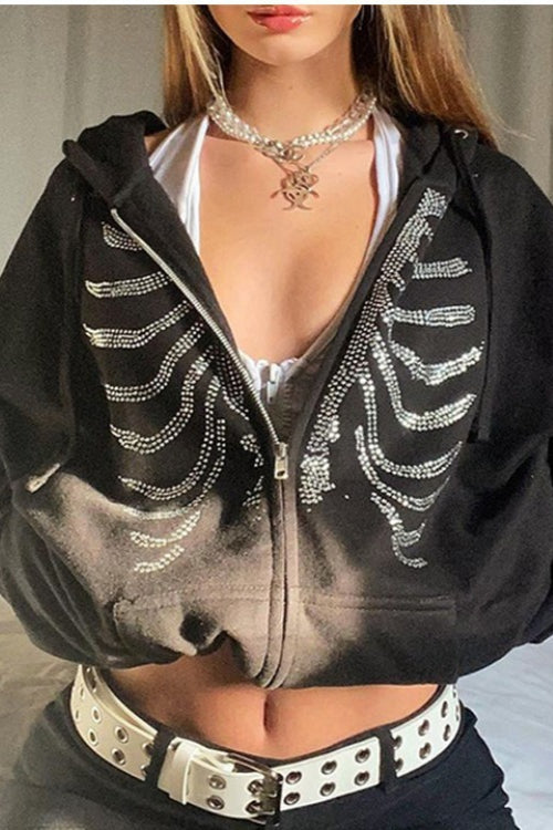 Rhinestone Skeleton Zip Up Hoodie