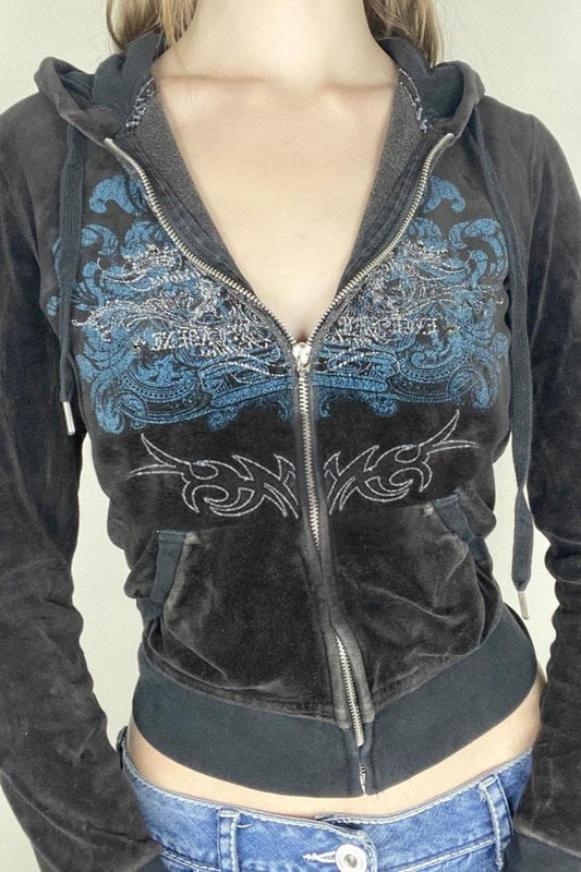 Rhinestone Print Zipper Hoodie
