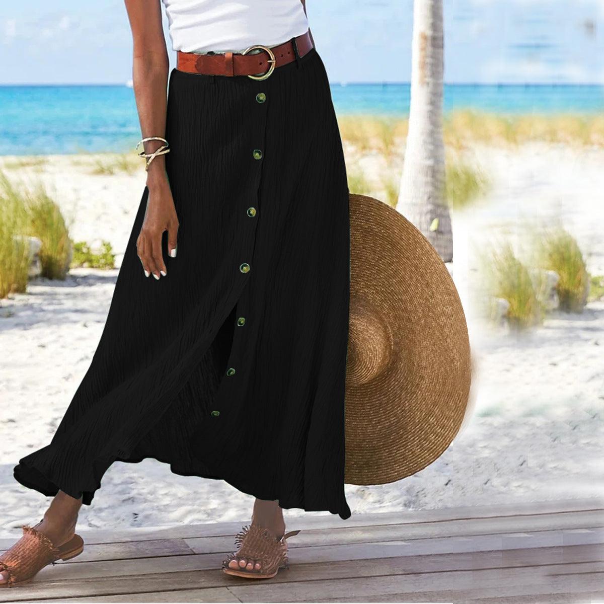 Women's Fashion Cotton Linen A-Line Hip Mid Waist Long Skirt - Trendha