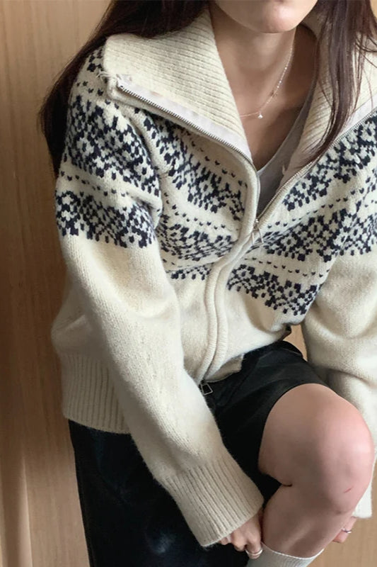 Ribbed Knit Fair Isle Zip Cardigan