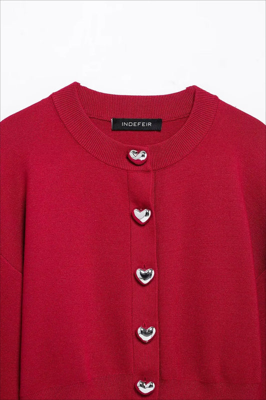 Knit O-Neck Heart Button Sweater