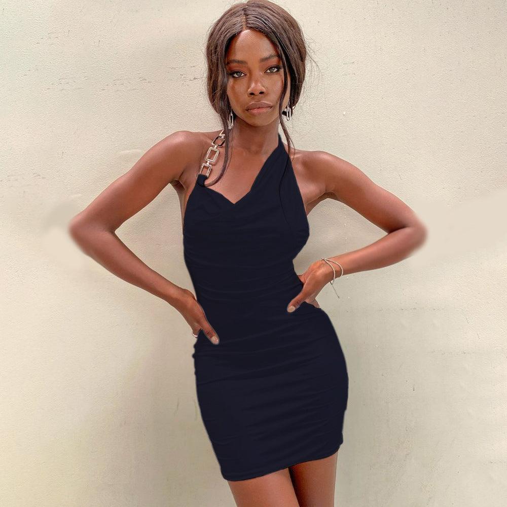 Halter Tight-Fitting Short Skirt Solid Color Suspender Dress - Trendha