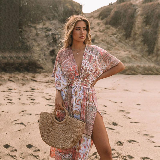 Women's Flowers Printed Dress Bohemian Irregular Beach Clothes - Trendha
