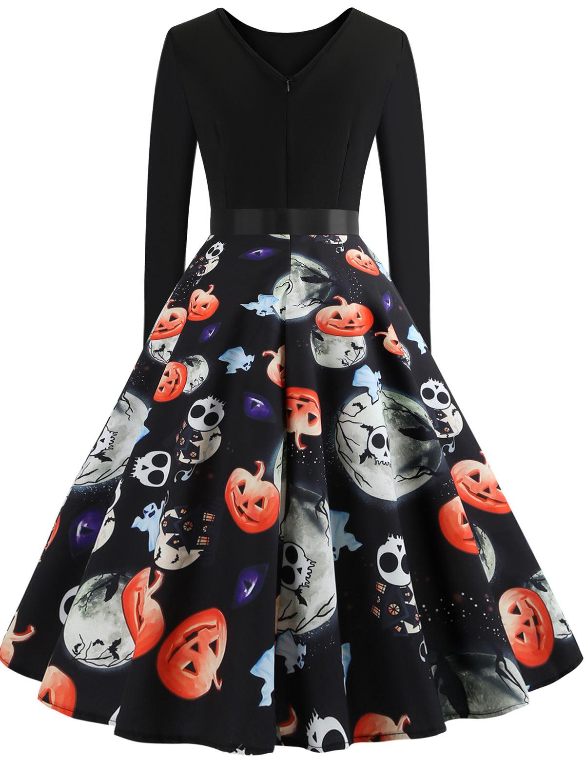 Halloween Round Neck Retro Print Long-Sleeved Big Swing Dress - Trendha
