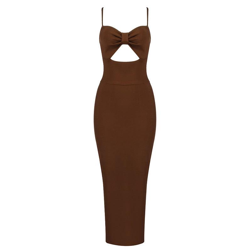 Fashion Waist Hollow Design 2021 New Sexy Solid Color V-Neck Halter Celebrity Party Club Bandage Long Dress - Trendha