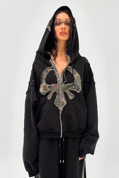 Y2K Street Style Drawstring Patch Hoodie