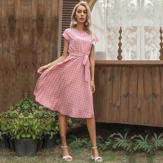 Summer Women Polka Dot Short Sleeve Dress Casual Bandage Party Pleated Midi Dresses Elegant Green Office Lady Clothing - Trendha