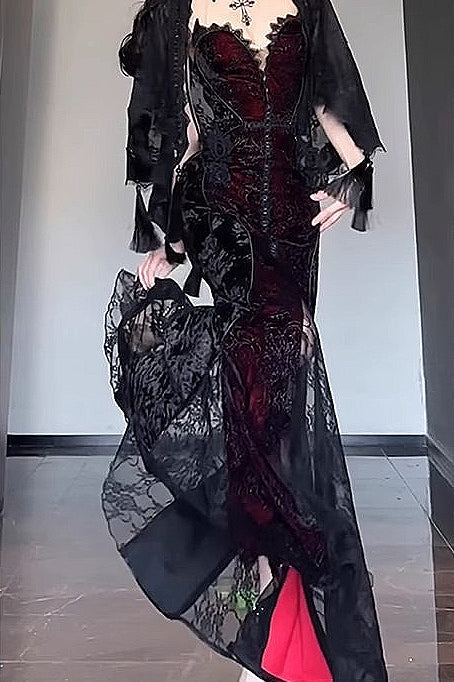 Halloween Gothic Style Dark Shawl Suspenders Tube Top Dress