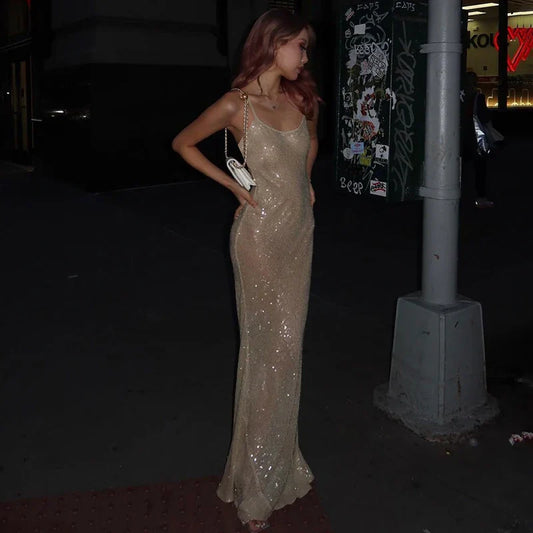 FashionSierra - See Through Sheer Mesh Dress Elegant Color Diamonds Slit Long Sleeves Party Club Lady Long Maxi Dress