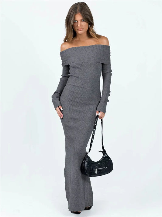 FashionSierra - Color Slit Hem Casual Long Sleeve Knitted Party Dress Beach Cocktail Club Streetwear Maxi Dress