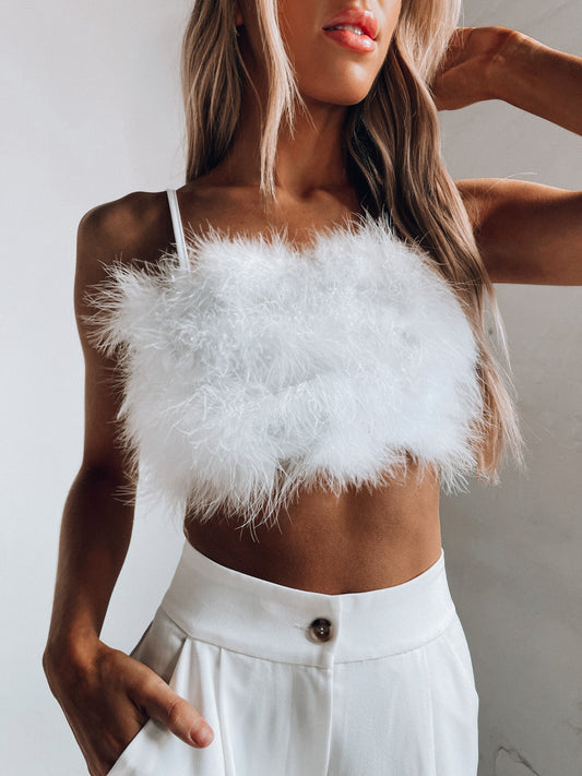 SALE :Feather Crop Top In Crisp White
