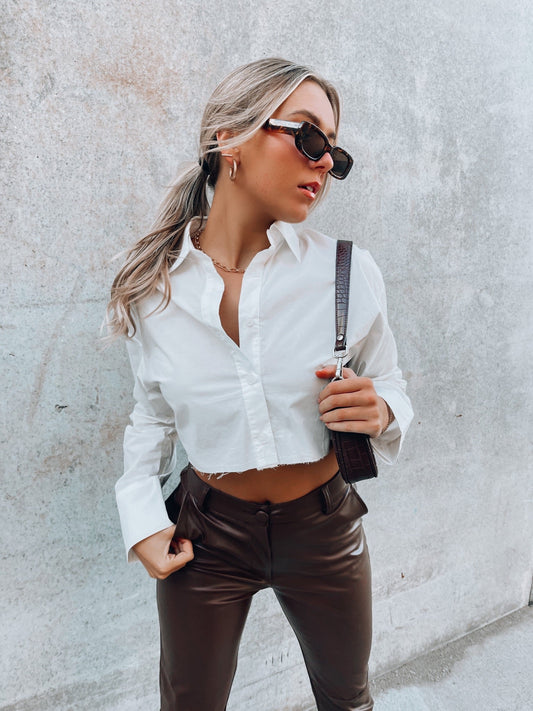 SALE :Steevie Distressed Cropped Button Up